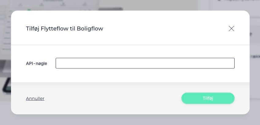 Dialogen Tilføj Flytteflow til Boligflow med feltet API-nøgle og knappen Tilføj