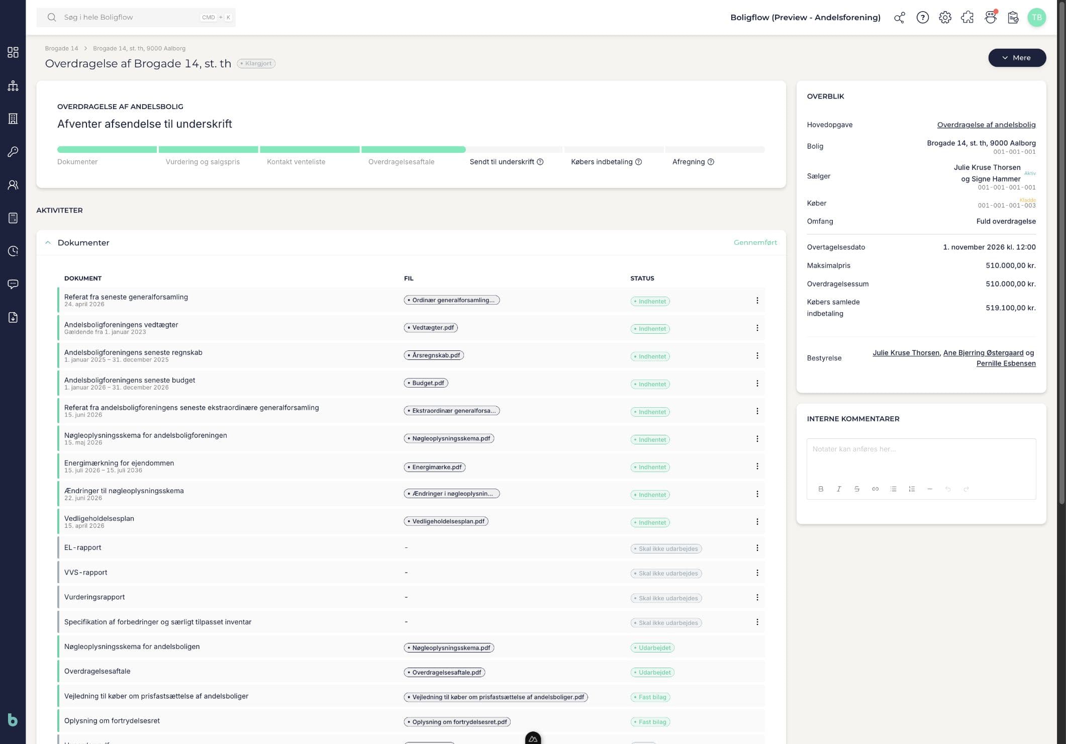Dokumentoversigten i et overdragelsesflow med valgte filer og status for rapporter og bilag