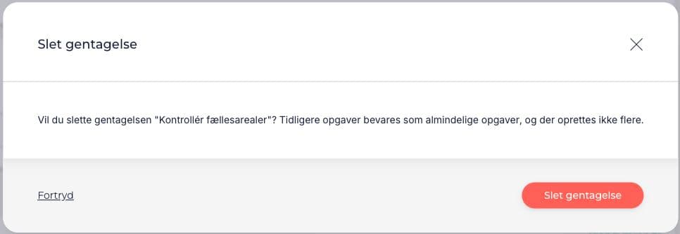 Bekræftelse af Slet gentagelse med knapperne Fortryd og Slet gentagelse