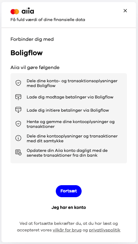 Aiias skærmbillede med bankdata- og betalingstilladelser