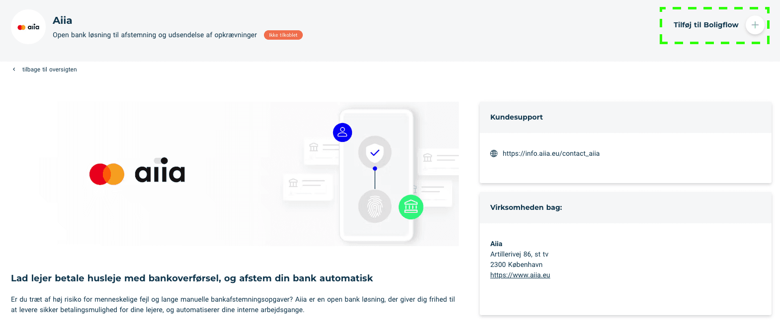 Aiias side i App marked med knappen Tilføj til Boligflow