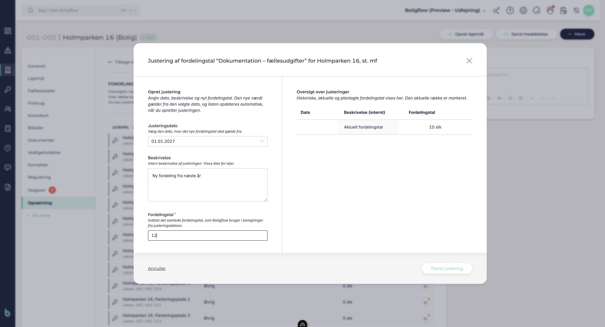 En justering er udfyldt med datoen 1. januar 2027, en intern beskrivelse og det nye samlede fordelingstal 12 stk