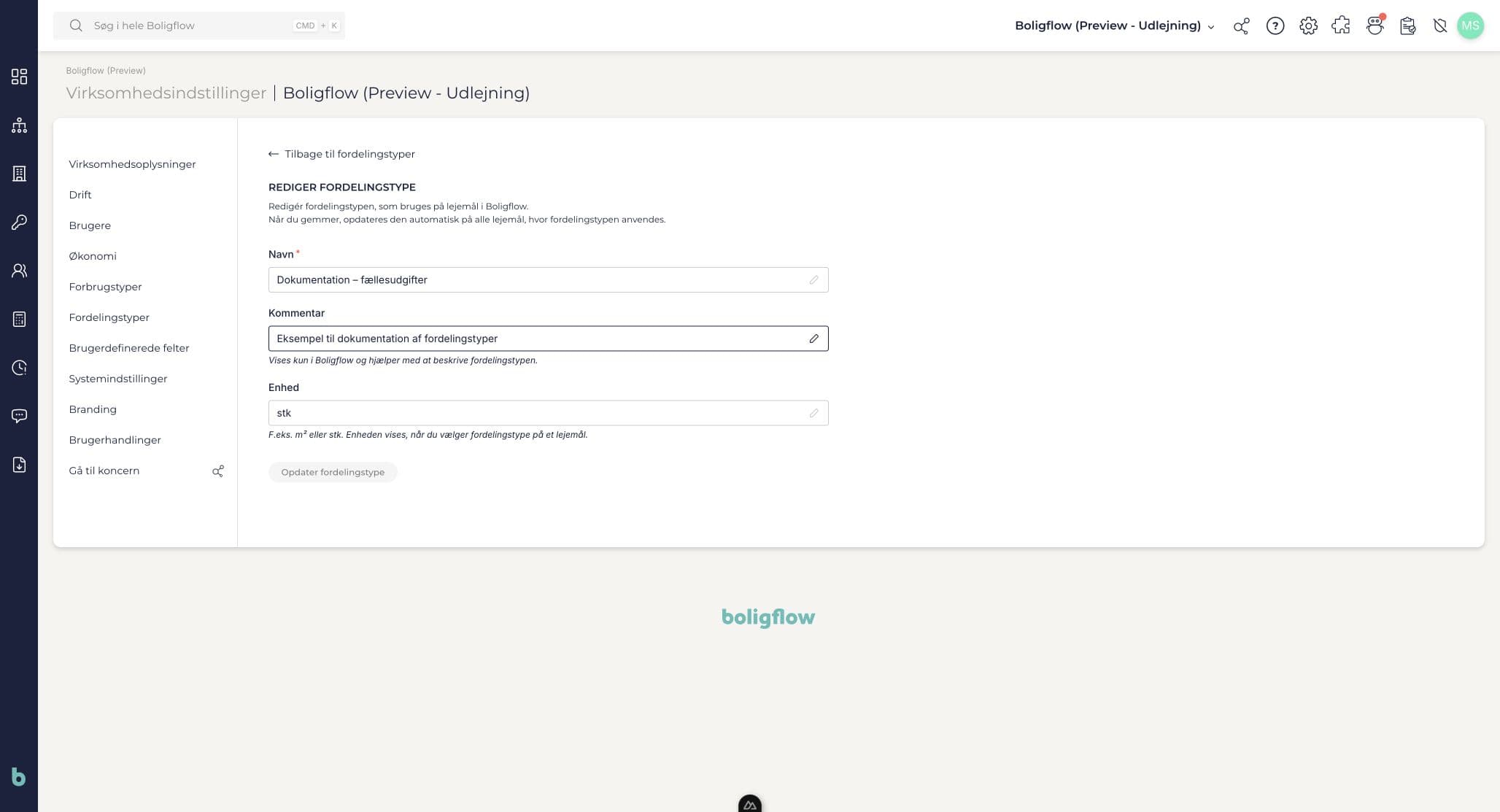 Rediger en brugerdefineret fordelingstypes navn, kommentar og enhed