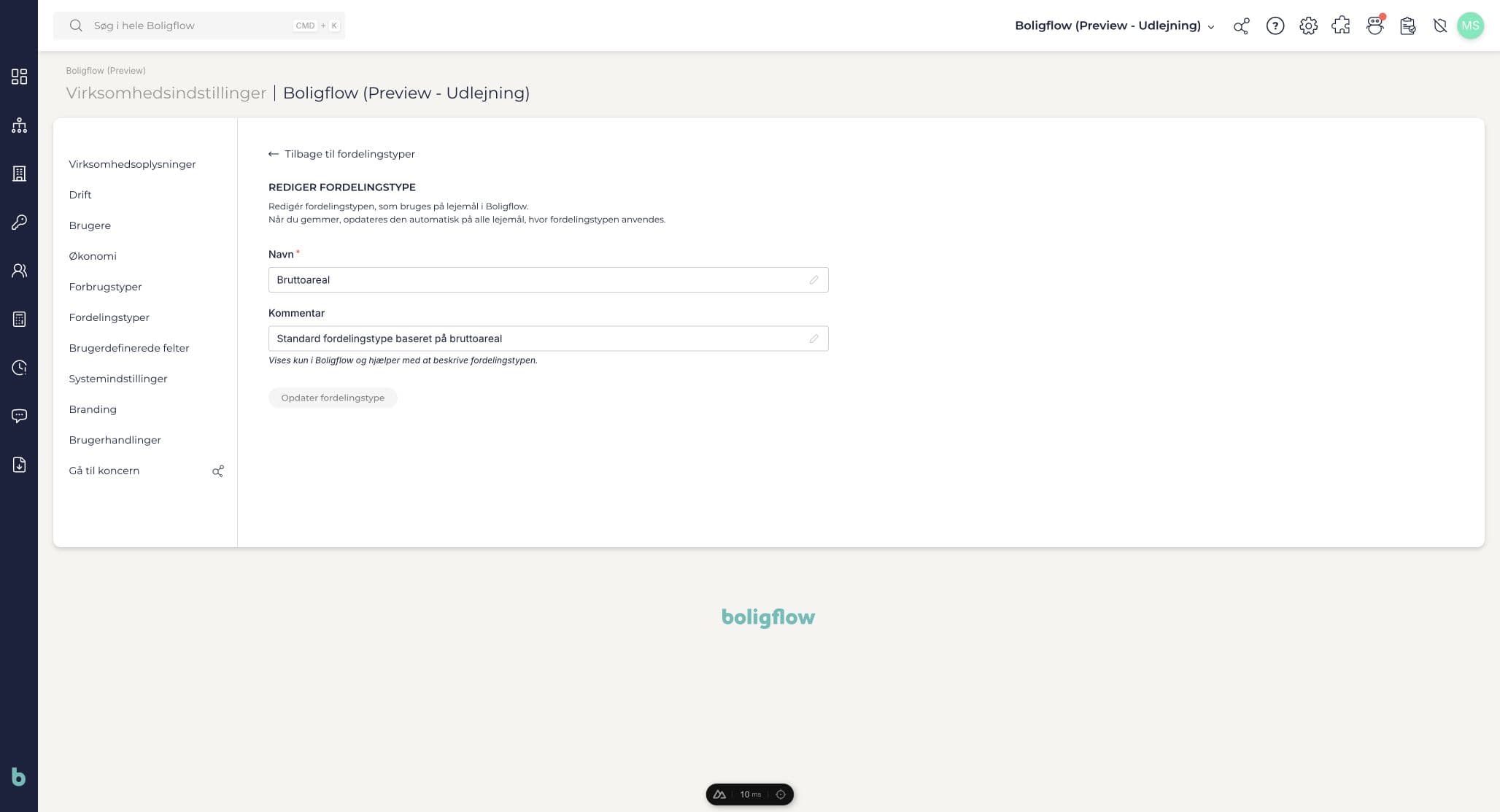 Systemtypen Bruttoareal har felterne Navn og Kommentar og intet felt til enhed