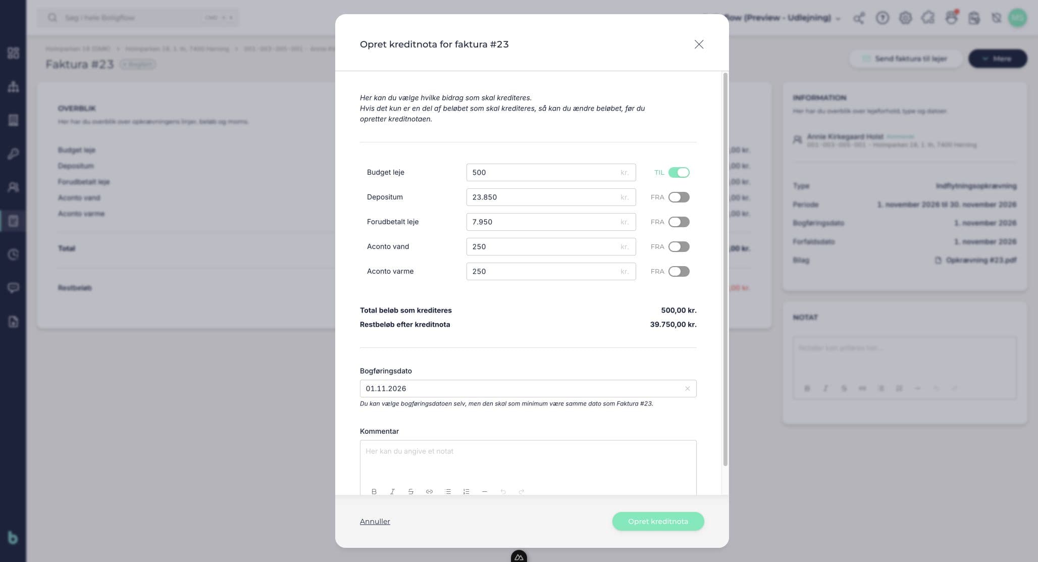 Kreditnotaformular med 500 kr. på Budget leje og de øvrige bidrag sat til FRA