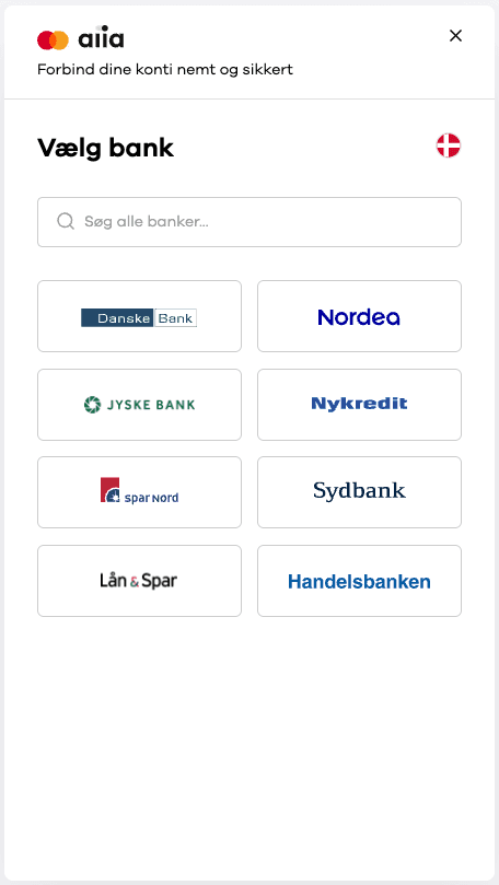 Aiias skærmbillede med valg af bank