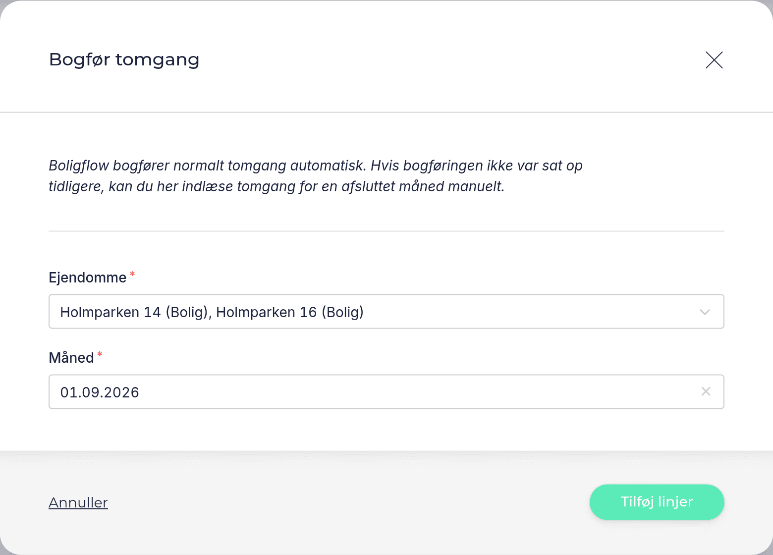Bogfør tomgang med to valgte ejendomme og september 2026 som måned