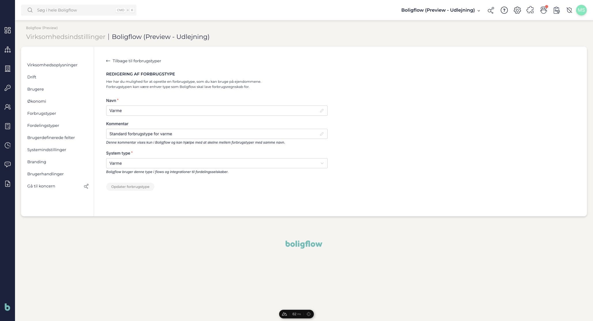 Redigering af forbrugstypen Varme med navn, kommentar og systemtype