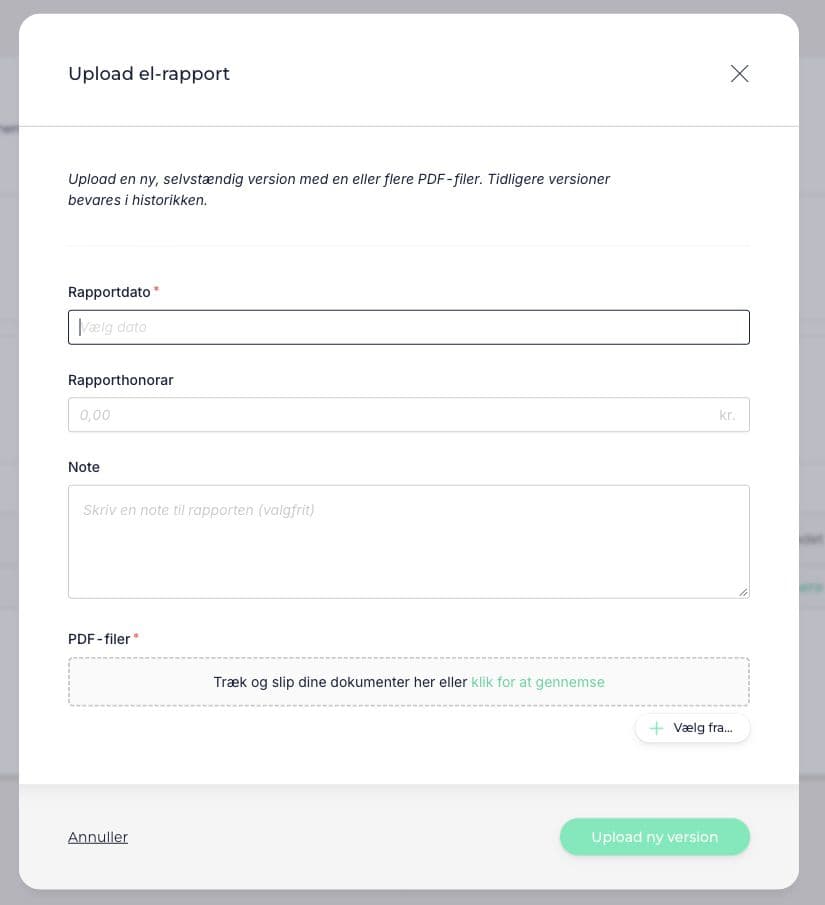 Upload af el-rapport med rapportdato, rapporthonorar, note og PDF-filer