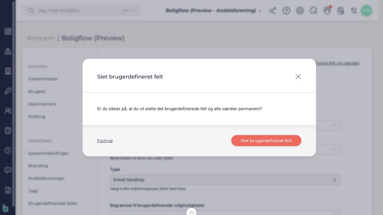 Bekræftelse af permanent sletning af feltet og alle værdier
