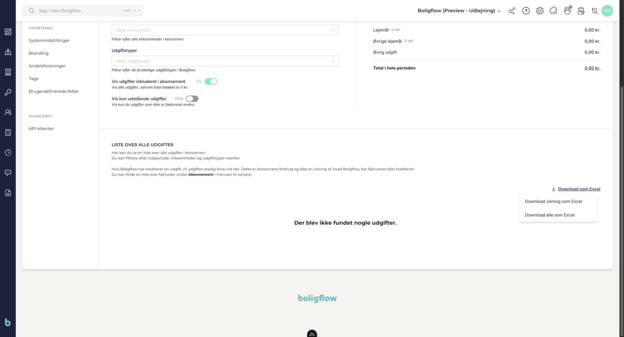 Excel-menu med Download visning som Excel og Download alle som Excel